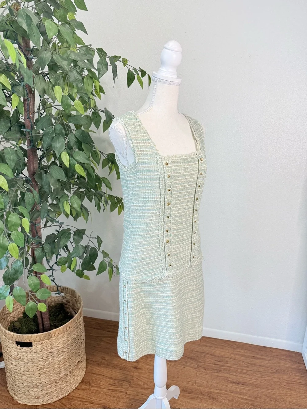 Zara Tweed Mini Dress Size Medium Mint Green White Gold - Picture 5 of 11